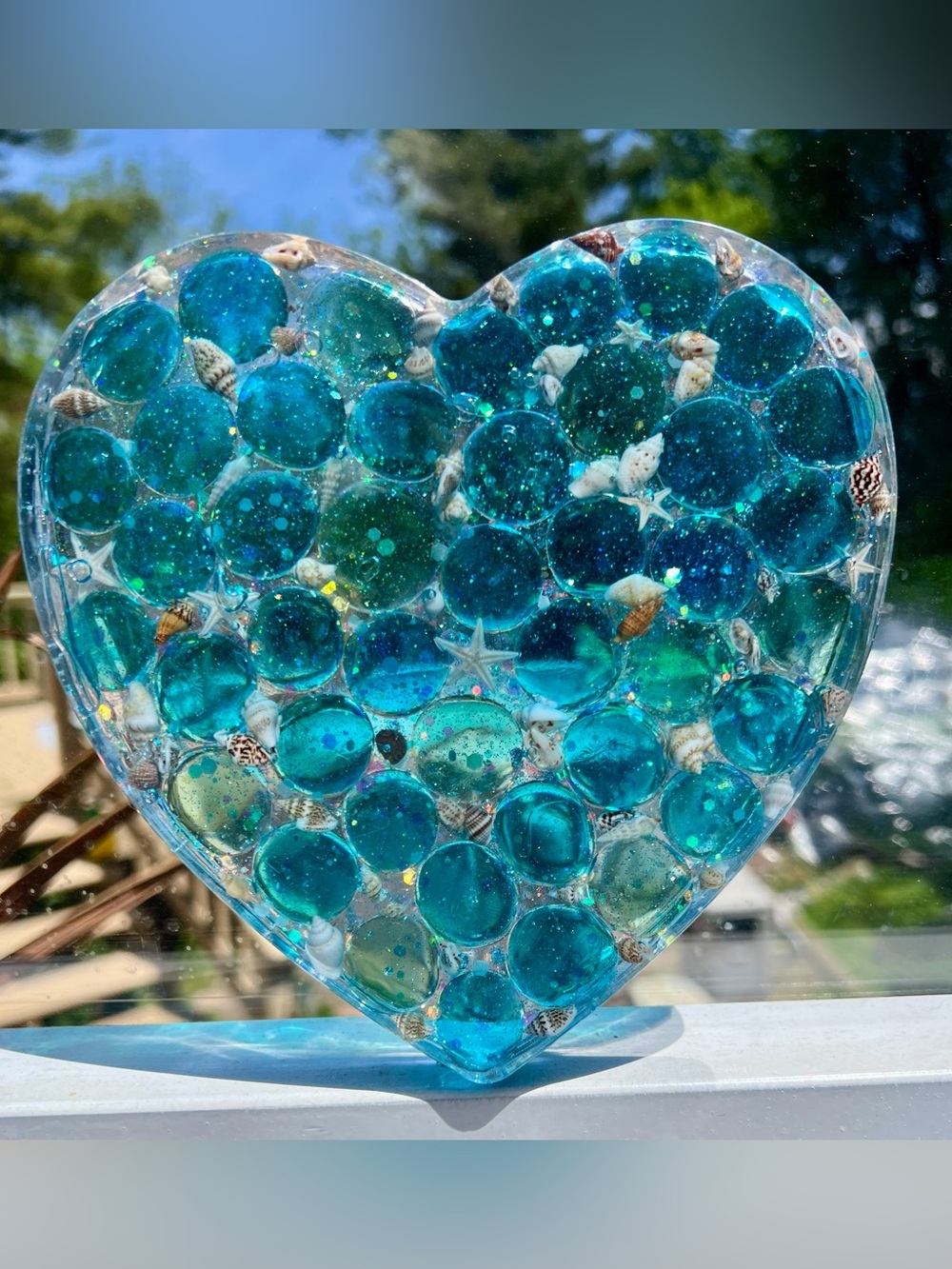 Handmade large Turquoise Heart Resin Art with real Embedded Shells